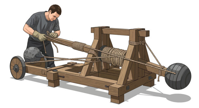 Man preparing a medieval siege weapon illustration
