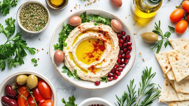 Top-down flat lay of hummus spread on a white ceramic plate surrounded by fresh vegetables, olives, za'atar, pomegranate seeds, olive oil bottle, and pita chips on a light marble surface