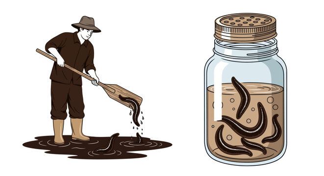Man collecting leeches with a paddle from a muddy puddle.