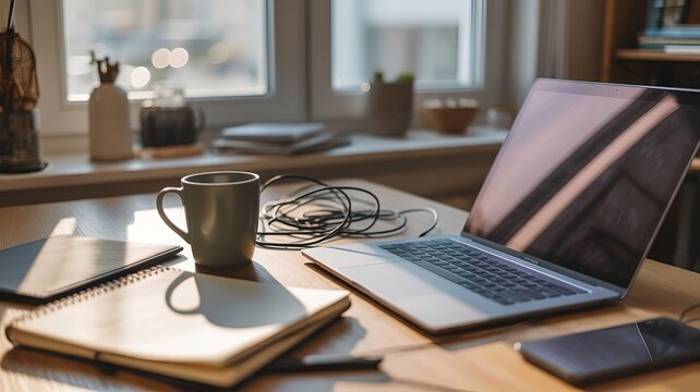 Authentic Cozy Remote Work Setup with Natural Light and Realistic Messy Desk