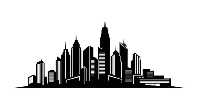 Black silhouette of a modern city skyline with skyscrapers on white background.