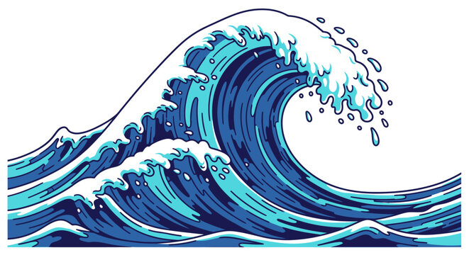 Stylized blue ocean wave illustration with white foam crashing