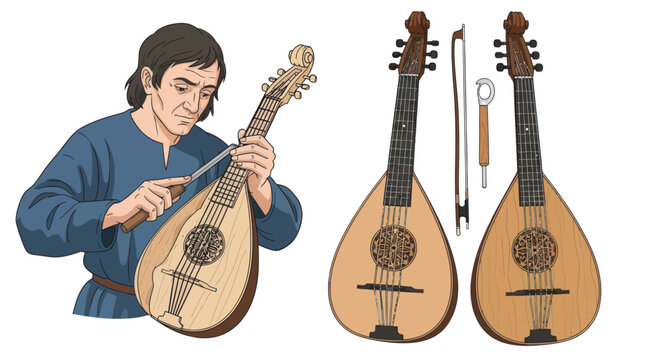 Medieval craftsman carving a traditional lute string instrument.