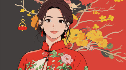 Fototapeta premium Elegant Chinese woman in traditional floral cheongsam with festive background