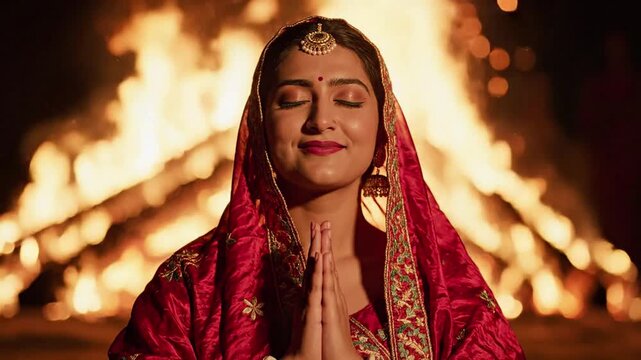 Young Indian woman in traditional red attire praying with hands joined, eyes closed, before a large bonfire at night, conveying peace and spirituality