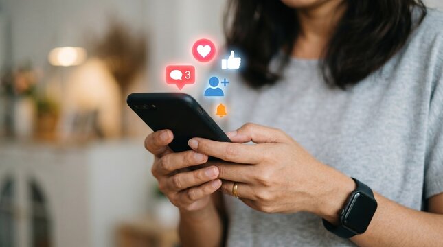 Close up of female hands using mobile phone with floating social media icons for likes comments and new followers digital engagement concept.
