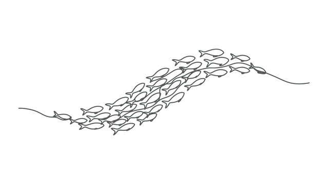 Minimalist hand drawn sketch of a school of fish swimming in a wavy line formation.