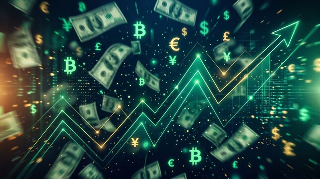 Abstract financial background with flying dollar bills cryptocurrency icons and rising green arrow representing digital wealth fintech and global cash flow