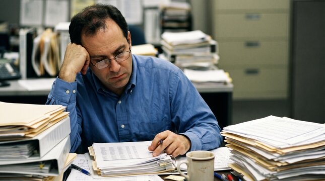 Stressed businessman accountant feeling tired overwhelmed with paperwork and documents on messy office desk for burnout and workload business concept