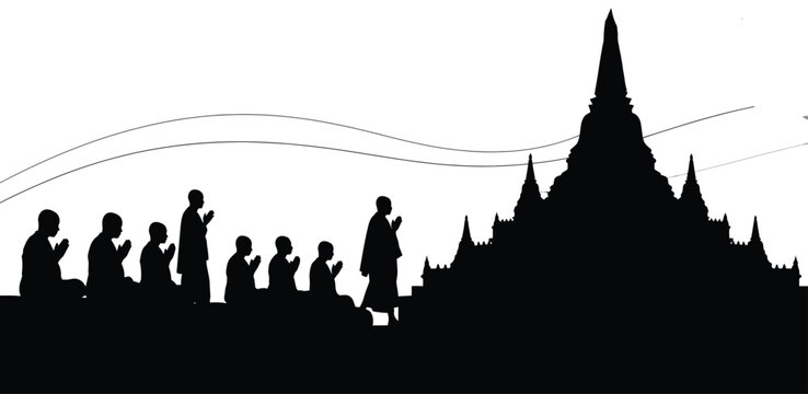 monks silhouette with temple architecture against a white background