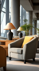 Naklejka premium Modern lounge chair with yellow cushion, table lamp, and indoor plant in bright airport waiting area, cozy and inviting atmosphere