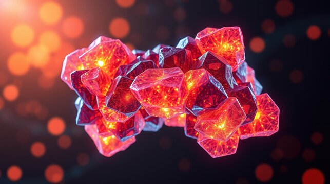 Glowing red crystal formation. Sharp edges, intense light, dark background creates dramatic visual effect. Energy radiates from within.