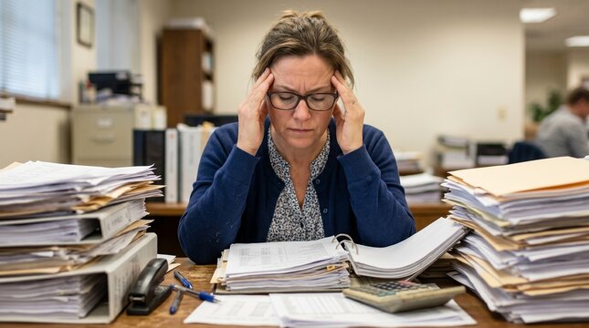 Tired businesswoman holding head in pain suffering from headache and stress with stacks of paperwork on office desk for burnout and workload concept