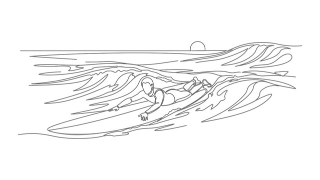 Continuous line drawing of a male surfer paddling on a surfboard.