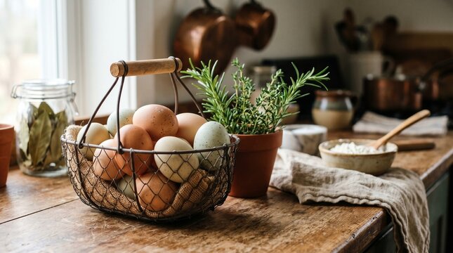 Fresh organic chicken eggs in wire basket on wooden kitchen counter with rosemary herbs and rustic farm to table cooking concept