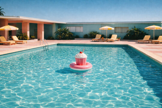 pool with cupcake-shaped inflatable