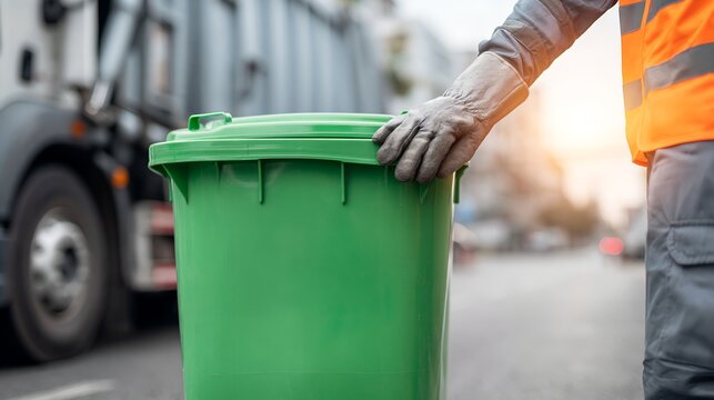 Garbage collector handles green bin on city street with truck in background