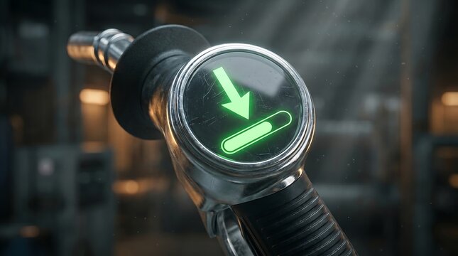 Fuel Pump Nozzle with Down Arrow Icon Representing Falling Gas Prices Against a Global Energy Market Background