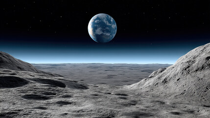Naklejka premium Dramatic view from lunar surface with Earth rising, rocky terrain, deep shadows, high contrast, cosmic landscape, serene atmosphere