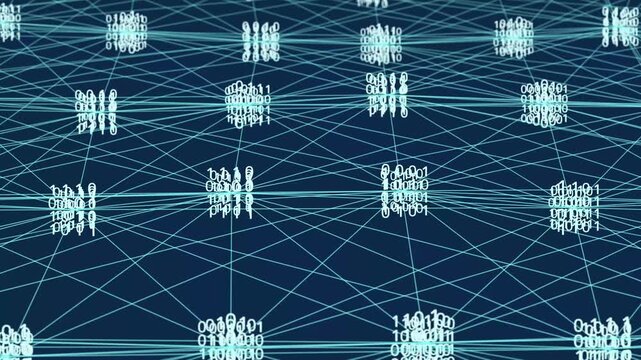 Binary code floats through glowing digital links