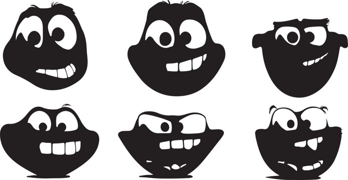 set of funny cartoon faces with halloween themed characters including pumpkins ghosts monsters animals and smiling masks in a playful vector illustration style