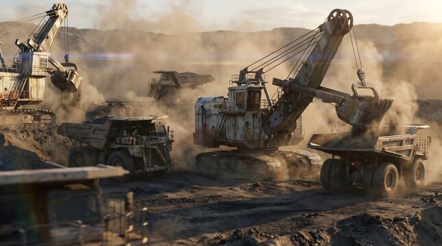 Industrial mining machinery and haul trucks in open pit mine background