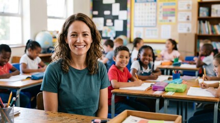 Obraz premium Portrait of smiling female teacher in classroom with diverse elementary students, classroom background, primary education teacher looking at camera, classroom environment learning