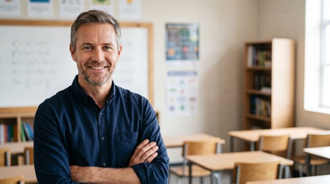 Portrait of confident mature male teacher standing with arms crossed in empty modern classroom, professional academic professor or school principal