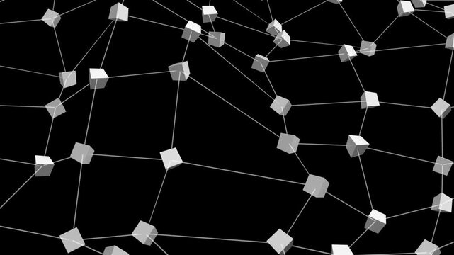 Abstract network of connected cubes floats against a black backdrop