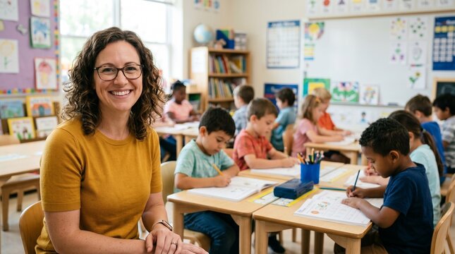 Portrait of friendly female teacher wearing glasses in bright classroom with elementary students, education and tutoring concept