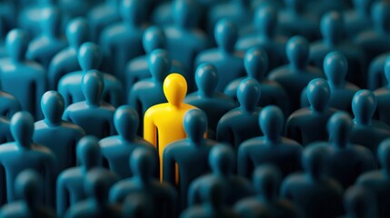Fototapeta premium A single yellow figure stands out among a crowd of blue figures, symbolizing uniqueness and individuality.