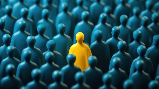 A single yellow figure stands out among a crowd of identical blue figures, symbolizing individuality and uniqueness.