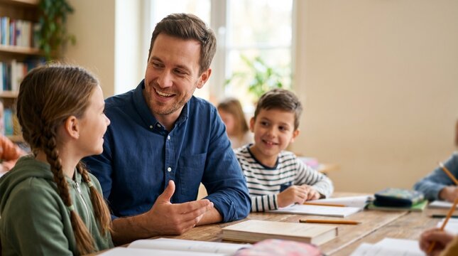Portrait of smiling male teacher talking with schoolgirl in classroom during group study session in primary school education environment