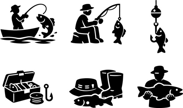 Fishing and angling silhouette icon set
