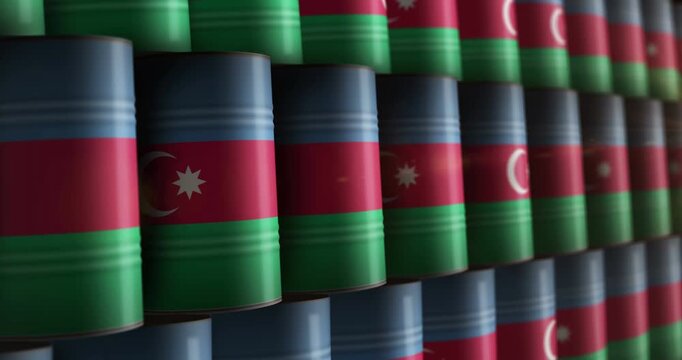 Azerbaijan oil business and fuel extraction barrels in row seamless and loopable concept. Azerbaijani petrol industrial containers.