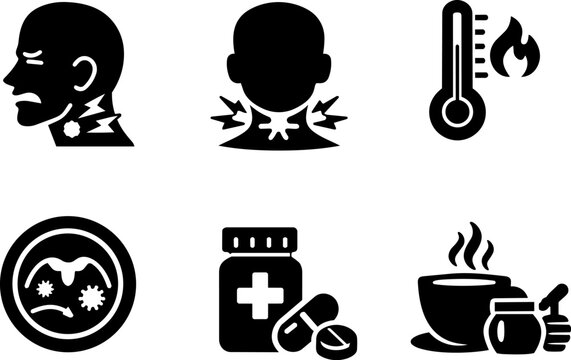 Sore throat, fever and flu symptom silhouette icons