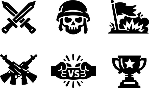 Military combat and battle silhouette icon collection. Vector