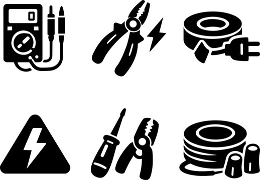 Electrical repair tools and cable silhouette icons
