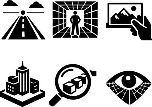 Perspective vision and direction silhouette icon set. Vector
