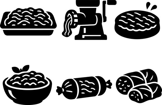 Meat grinder pasta and food silhouette icons