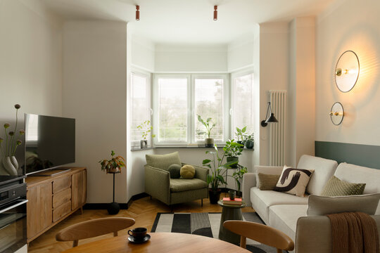 Minimalist and Cozy Living Room Interior with Stylish Furniture and Natural Light
