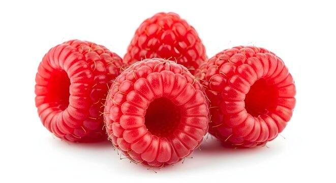 Group of four ripe red raspberries isolated on white background