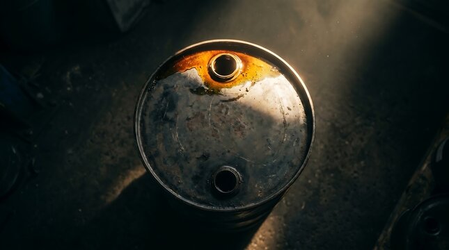 Industrial metal oil barrel with golden liquid spill, concept for global energy market background and fuel industry.