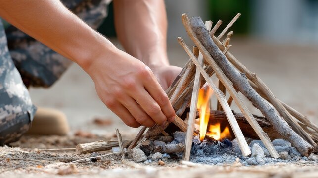 Hands ignite kindling with matches as a soldier sets up camp and prepares wood in a grassy forest area
