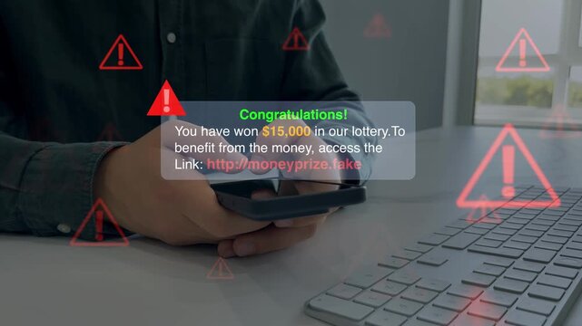 Modern financial fraud and cybersecurity scam concept with warning symbols and secure system interface. Phishing, identity theft and online banking protection.	
