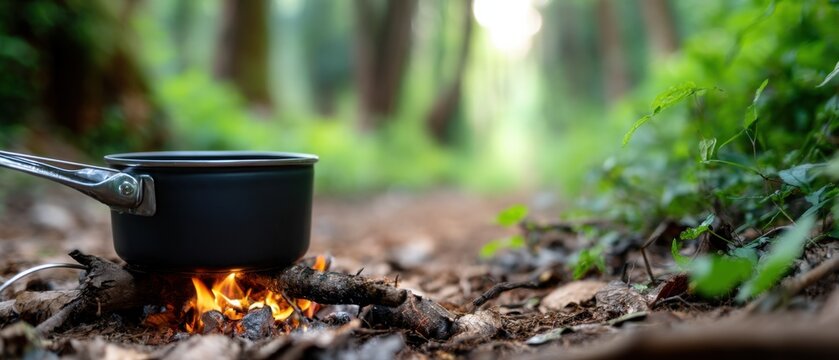 A black pot hangs over a fire on a camping trip. The flames move around as the pot is prepared for cooking outdoors