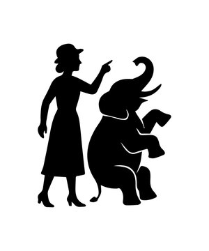 Ringmaster silhouette training an elephant, circus entertainment concept