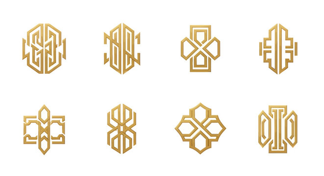 Set of luxury gold geometric logo marks and monograms on white background