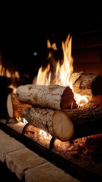 Firewood burns brightly with flames reaching up beside a cooking pot, creating a warm and inviting atmosphere in a dark space