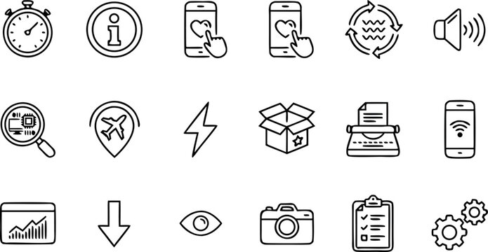 Set of miscellaneous thin line icons including technology business travel social media and photography symbols